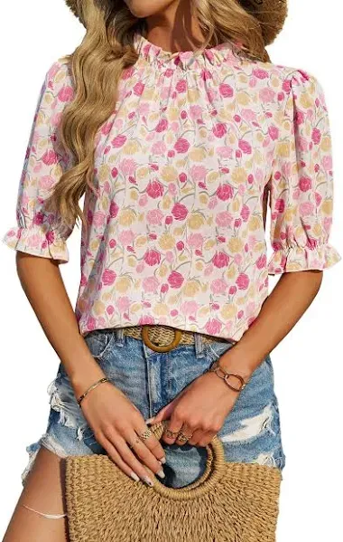 Women's Boho Ruffle Short Sleeve Floral Shirt