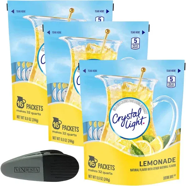 Lemonade Drink Mix Bundle. Includes Crystal Light Lemonade Drink Mix Pitcher Packets, Three - 16 Pitcher Packs Plus a Vendesta Magnetic Clip, Refreshing & Low-Calorie, Perfect for Family Gatherings.