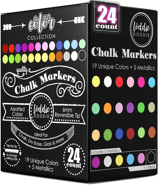 Loddie Doddie Liquid Chalk Markers - Pack of 24 - Dust Free, 1mm Fine Point Chalk Markers for Blackboards, Windows & Glass - Glass Marker - Erasable Ink Chalkboard Markers Pen - Chalk Pen