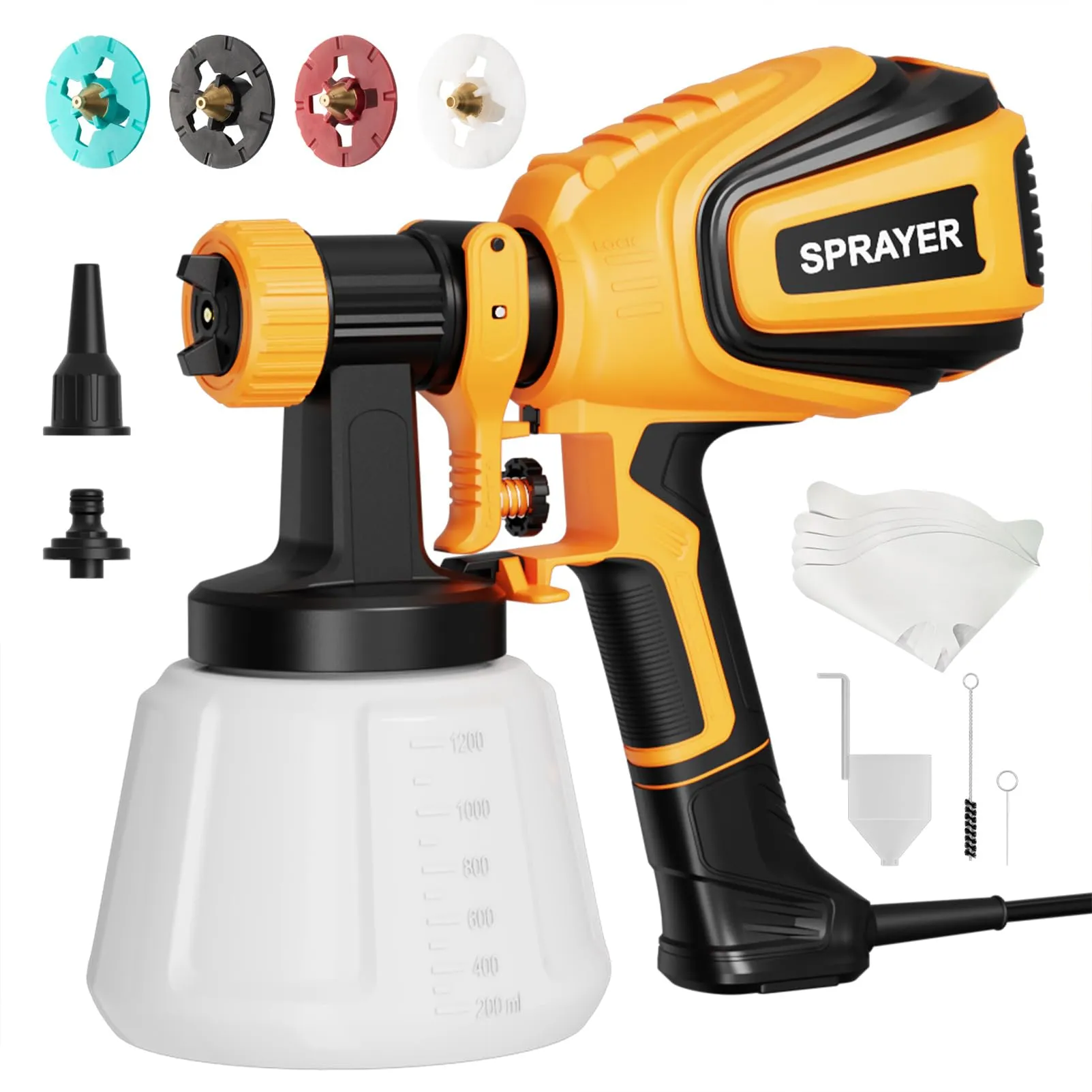 VONFORN Paint Sprayer, 700W HVLP Spray Gun with Cleaning & Blowing Joints, 4 Nozzles and 3 Patterns, Easy to Clean, for Furniture, Cabinets, Fence,