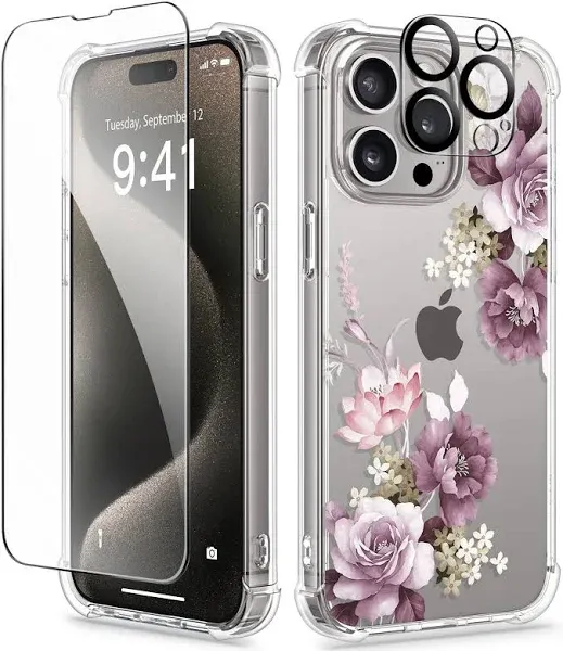 GVIEWIN for iPhone 15 Pro Case Floral, with Screen Protector+Camera Lens Protector, [Not Yellowing] Slim Shockproof Clear Protective Phone Cover for Women, Flower Pattern Design (Butterfly/Purple)