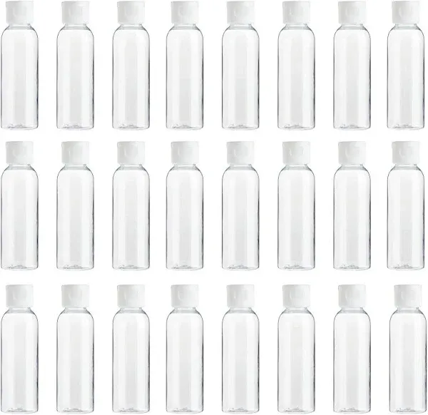 uxcell 2 Oz Plastic Bottles with Flip Caps, 24 Pcs Reusable Travel Size Containers with Lids Plastic Squeeze Refillable Dispensing Bottles for Shampoo, Body Soap, Toner(Transparent White)