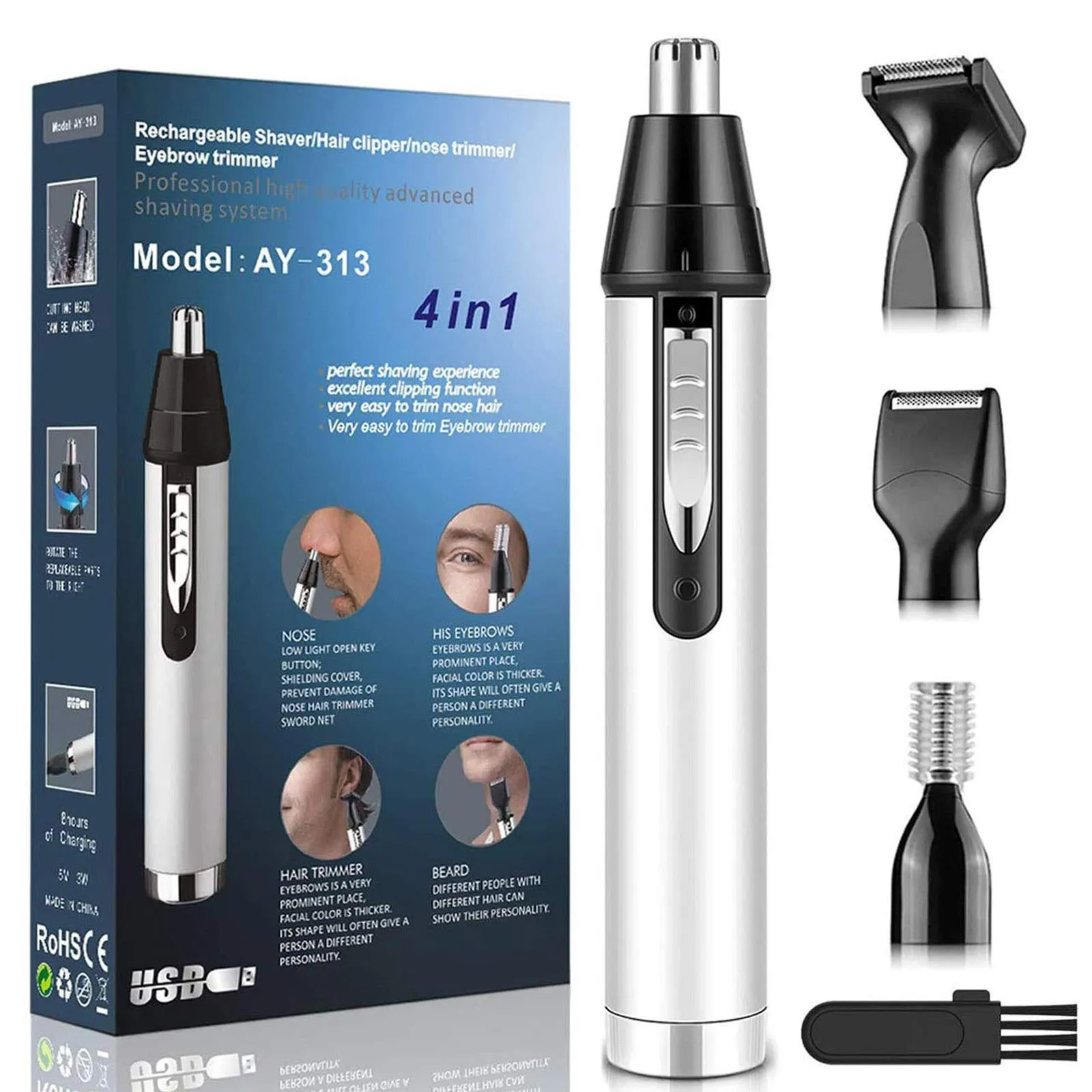 Men&#x27;s 4-in-1 Ear and Nose Hair Trimmer , White