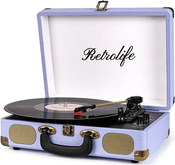 Retrolife Vinyl Record Player 3-Speed Bluetooth Suitcase Portable Belt-Driven Record Player with Built-in Speakers AUX in RCA Line Out Headphone Jack