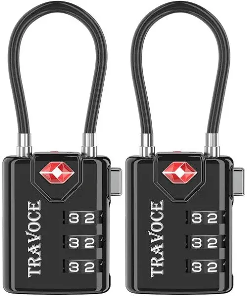 Search Alert TSA Approved Travel Combination Luggage Cable Locks Black 2 Pack