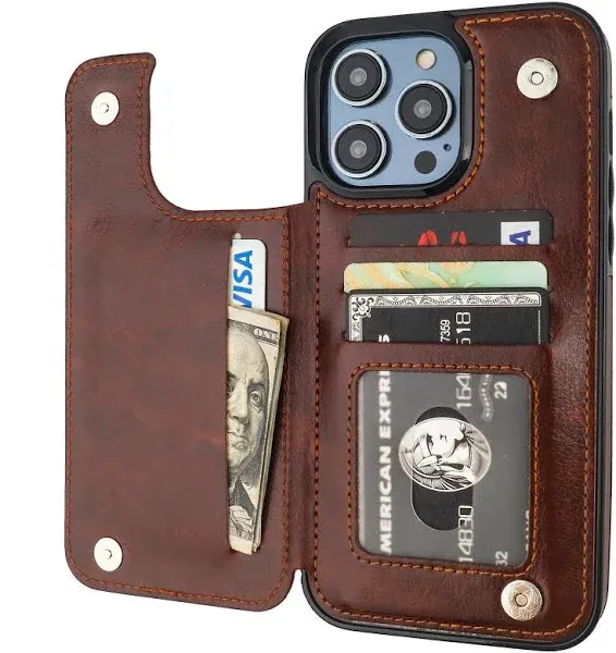 Case for iPhone 14 Pro Max, PU Leather Wallet Case Back with Elastic Card, Brown