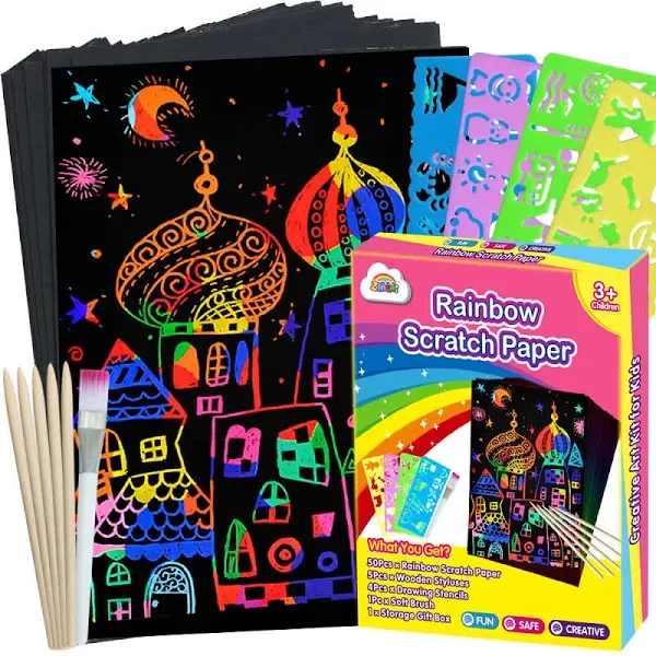 ZMLM Scratch Paper Art Set, 50 Piece Rainbow Magic Scratch Paper for Kids Black Scratch it Off Art Crafts Notes Boards Sheet with 5 Wooden Stylus for Easter Party Game Christmas Birthday