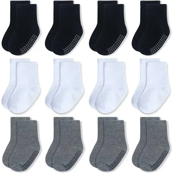 JAKIDAR 12 Pairs Baby Socks Cotton Crew Toddler Socks Grips Non Slip Bottom Kids Socks