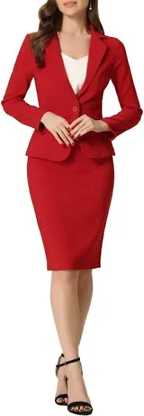 Allegra K Women's Long Sleeve Blazer and Pencil Skirt Suit Set 2 Pcs