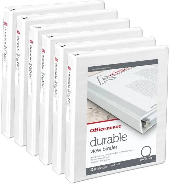 Office Depot Brand Durable Round-Ring View Binders, 6-Pack