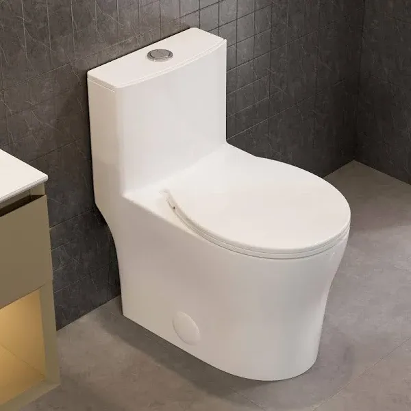 Casta Diva Compact One-Piece Toilet for Small Bathroom, Modern Round Toilet with Soft Close Seat, 12'' Rough-in, High Efficiency Dual Flush 0.9/1.28GPF, White