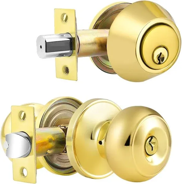 Probrico Entrance Door Knobs Door Lock Keyed Alike Lockset Polished Brass Same Key Round Ball Entry Door Knobs Pack of 2