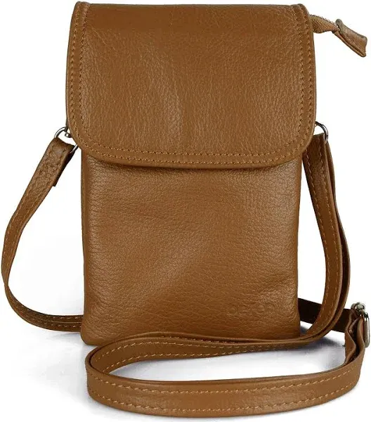 Leather Small Cell Phone Crossbody Wallet Cognac Brown