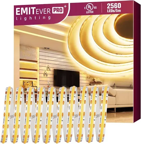 EMITEVER Cob LED Strip Lights Warm White, 3000K Tape Light Premium High Density, DC 24V, 360+Lumens/ft, 2560LEDs/Spool, RA 90+, 16.4ft/5m, UL Listed