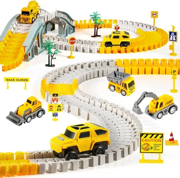 260 PCS Construction Race Tracks for Kids Toys, 2 Electric Cars, 4 Construction Cars, 1 Map & Flexible DIY Track Set, Engineering Toys for 3 4 5 6 Year Old Boys Girls