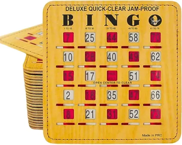 MR CHIPS 6.5" x 6.4" Jam-Proof Quick-Clear Deluxe Fingertip Slide Bingo Cards with Sliding Windows - 100 Pack in Woodgrain Style