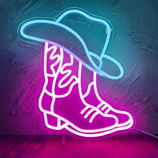 and Hat Neon Sign,Pink Neon Sign Neon Light,LED Neon Signs for Cowboy Boot