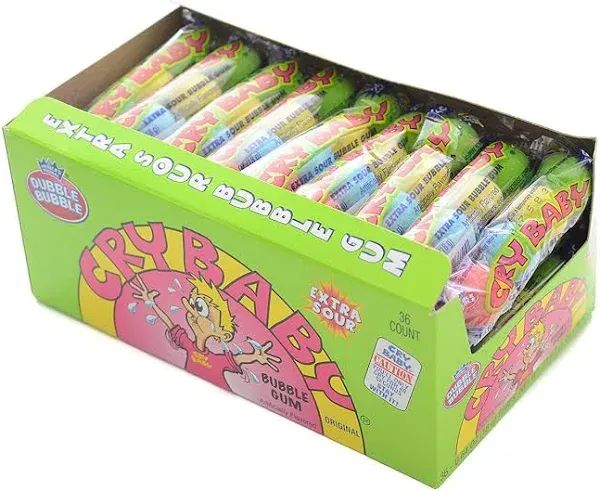 Cry Baby Bubble Gum Box of 36 Tubes Extra Sour Cry Babies Bulk 1.44 LBS