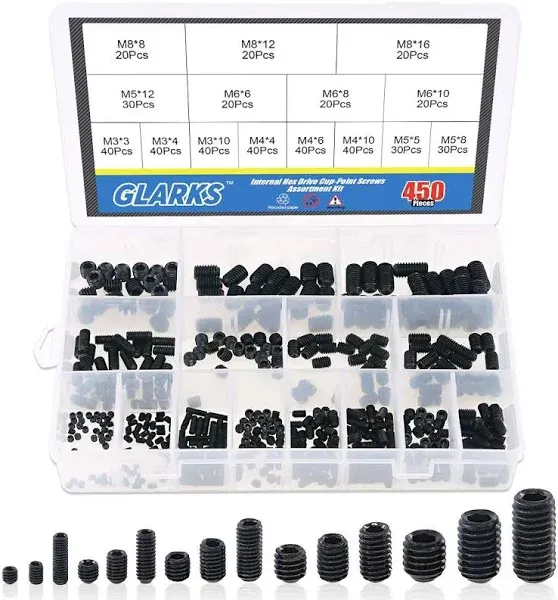 450Pcs M3/M4/M5/M6/M8 Allen Head Socket Set Screw, 12.9 Class Black Alloy Steel 