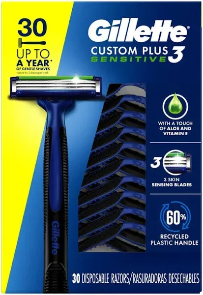 Gillette Custom Plus3 Disposable Razors Sensitive, 30 Count