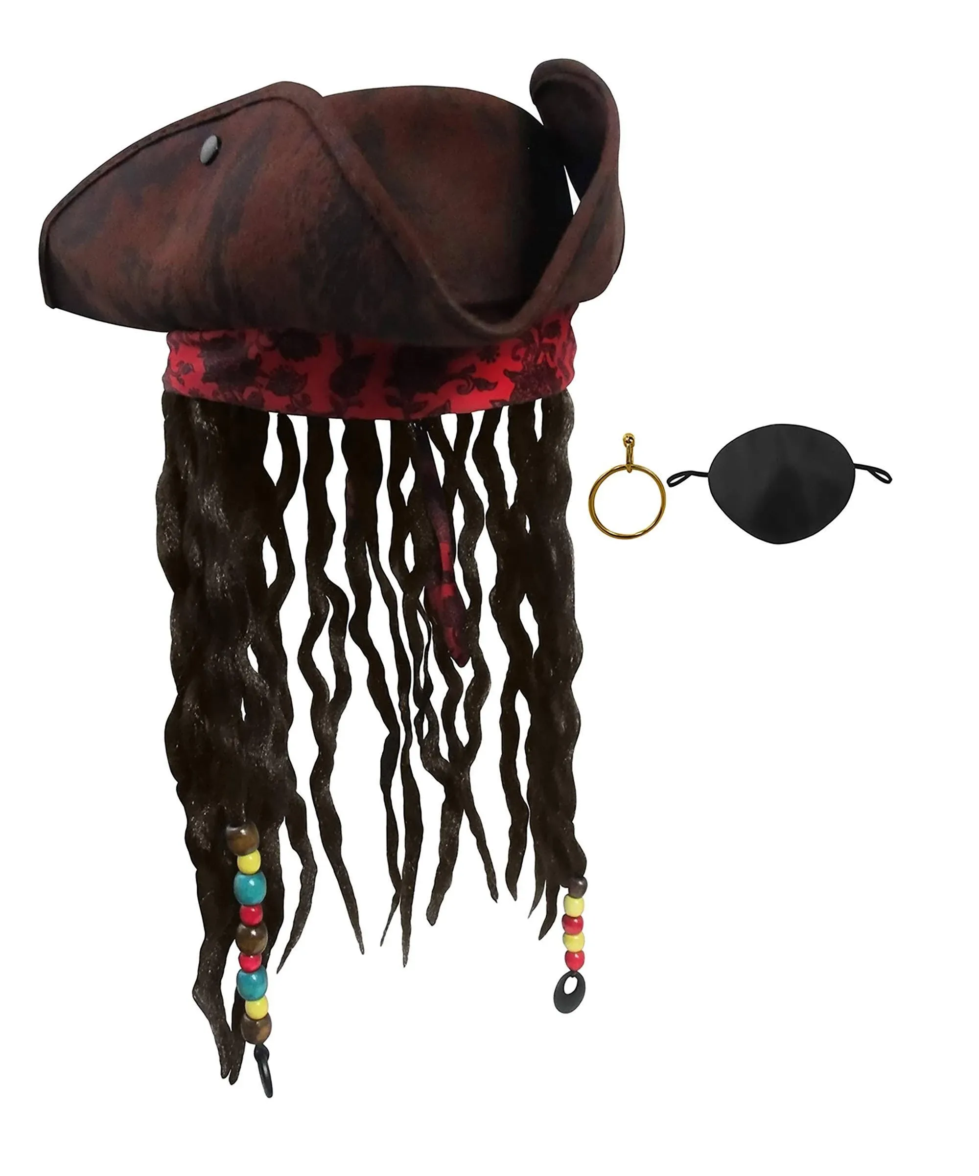 Nicky Bigs Novelties Jack Caribbean Sparrow Tricorn Pirate Hat Buccaneer Beads Dreadlock Hair Costume, Size: One size, Brown