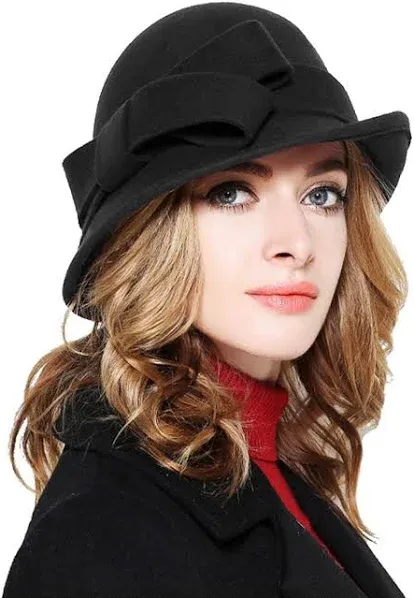 Bellady Women's Wool Cloche Bucket Hat with Bow