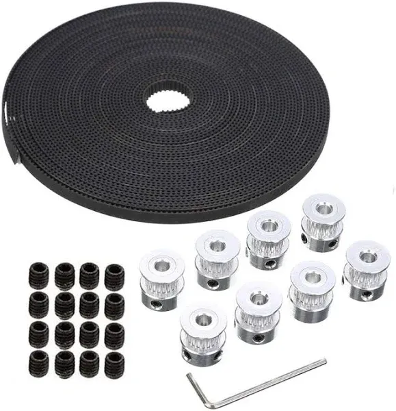 GT2 Timing Belt Pulley Set: 8Pcs 20T 5mm Bore + 5m Belt &amp; Tensioner