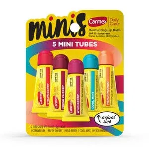 Carmex Daily Care Minis Moisturizing Lip Balm Tubes with SPF 15, Strawberry, Cool Mint, Wild Berry and Peach Mango Lip Balm Pack - 0.18 oz each, 4 Count