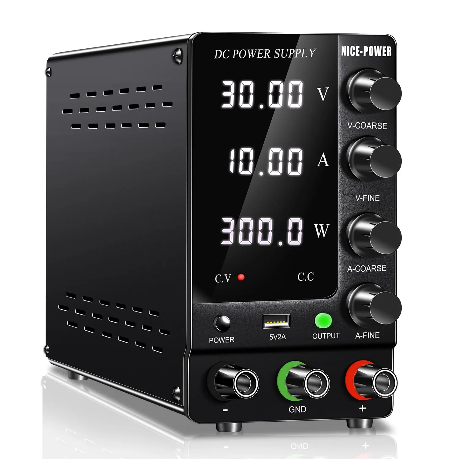 NICE-POWER DC Power Supply Variable: 30V 10A Adjustable Switching Regulated High Precision 4-Digits LED Display 5V/2A USB Port Output & Input Power Cord Bench Lab Power Supplies