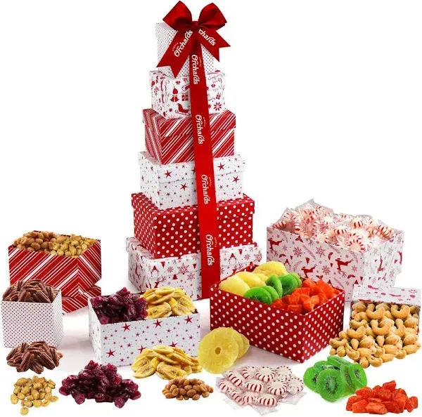 Christmas Gift Basket Tower with Dried Fruits Nuts Gourmet Cravings Indulge