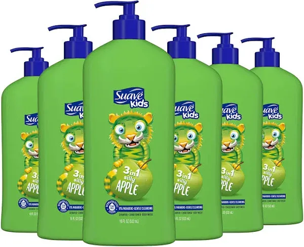 Suave Kids 3-in-1 Tear Free, Body Wash, Shampoo and Conditioners, Dermartologist Tested, Watermelon Wonder, 18 Oz Pack of 6