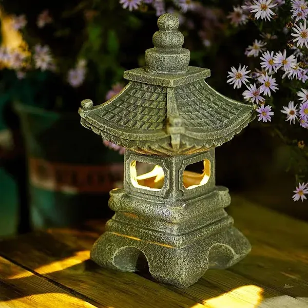 Gardenfans Solar Pagoda Lantern Garden Statue LED Light Outdoor Zen Garden Japanese Lantern for Landscape Balcony Patio Porch Yard Art Decor