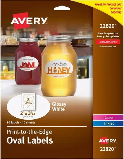 Avery Oval True Print Easy Peel Labels 2 x 3 1/3 Glossy White 80/Pack 22820