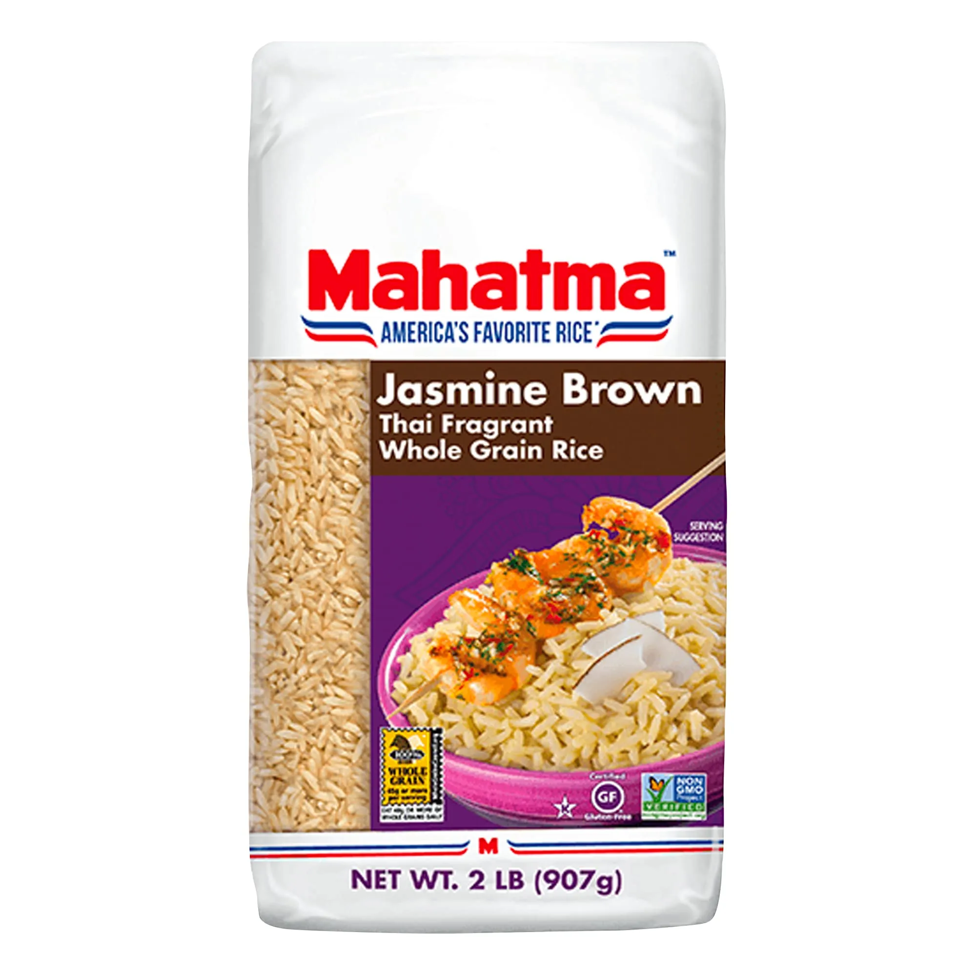 Mahatma Brown Jasmine Rice Bag 2lb, Brown Thai Jasmine Rice, Microwave Rice in 20 Minutes or Cook on Stovetop in 30 Minutes