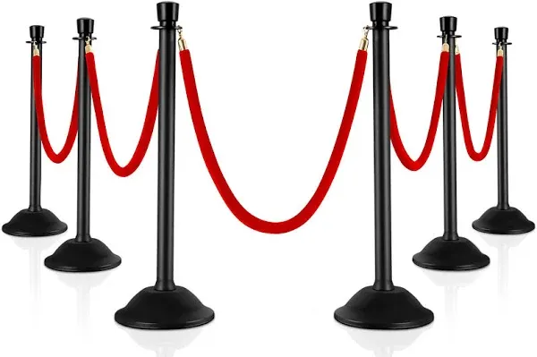 VEVOR Stanchion Post with Velvet Rope, 6-Pack Crowd Control Stanchion with 6pcs 5ft Black Velvet Ropes, Carbon Steel Baking Painted Queue Barrier