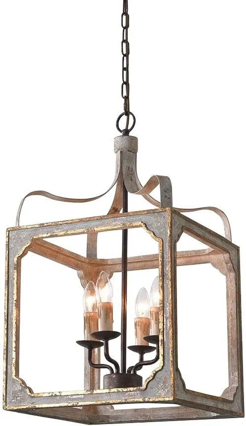 Homary French 4-Light Lantern Chandelier Square Candelabra Pendant Light in Antique Gray