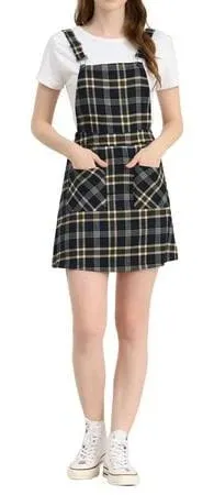 Allegra K Women's Plaid Adjustable Strap Suspender Overall Dress