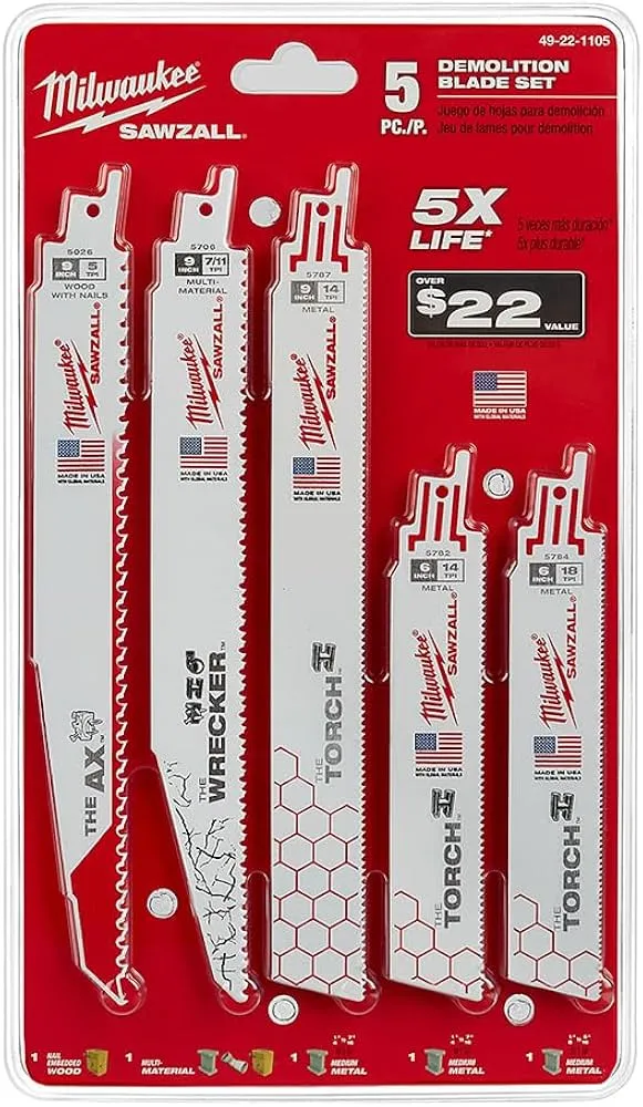 Milwaukee SAWZALL 5-Piece Demolition Saw Blade Set