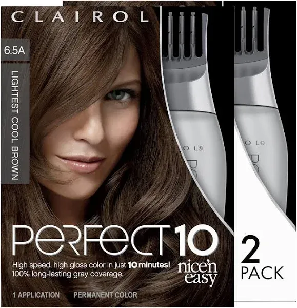 Clairol Nice'n Easy Perfect 10 Permanent Hair Dye, 6.5A Lightest Cool Brown Hair Color, Pack of 2