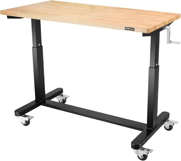 WORKPRO Height Adjustable Work Table with Crank Handle and Casters 24” Wooden Top Standing Desk Workbench