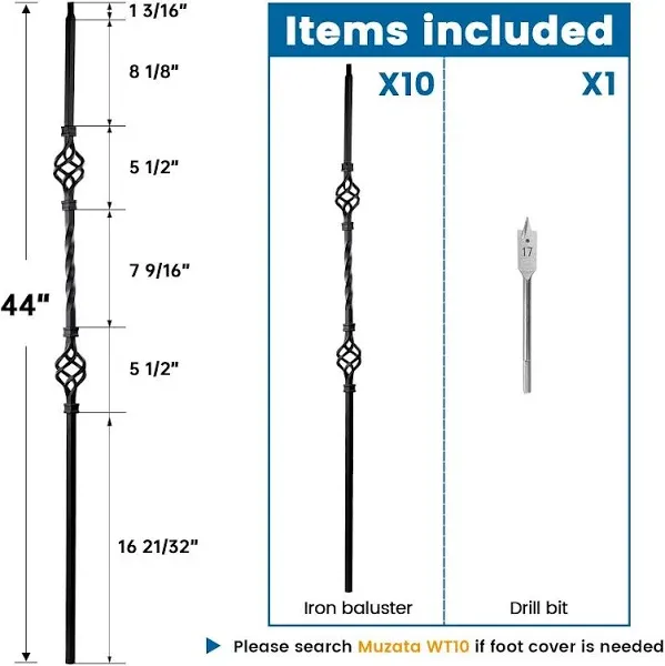 Muzata 44'' Double Basket Twist Wrought Iron Baluster