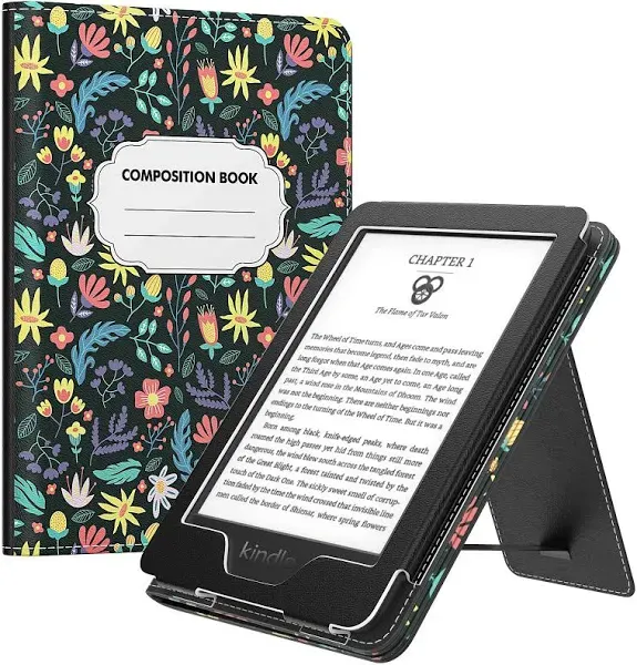 MoKo Case Fits All-new 6" Kindle(11th Generation, 2024/2022 Release)/Kindle(10th Gen,2019)/Kindle(8th Gen,2016), Ultra Lightweight PU Shell Cover with Auto Wake/Sleep for Kindle 2024, Blue Leaf Flower