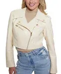 Guess Women's Rochelle Cropped Faux-Leather Moto Jacket Pearl Oyster