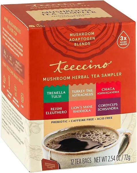 Teeccino Mushroom Herbal Tea - Mushroom Adaptogen Tea Sampler - Support Your Health With Mushrooms and Adaptogenic Herbs, Prebiotic, Caffeine Free, Acid Free, 12 Tea Bags