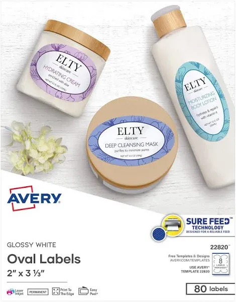 Oval Easy Peel Labels, 2 x 3-1/3, Glossy White, 80/Pack