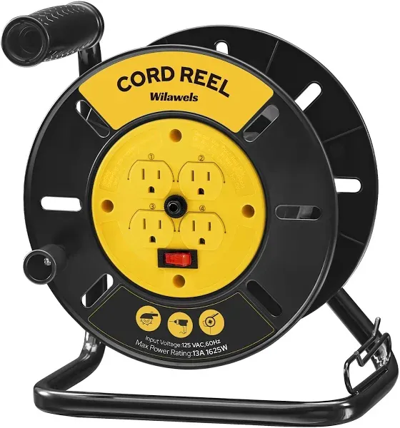 Extension Cord Storage Reel with 4-Grounded Outlets, Heavy Duty Open Cord Reel for 12/3,14/3,16/3 Gauge Power Cord, Hand Wind Retractable, 15A Circuit Breaker, ETL Listed, Orange G95CR06