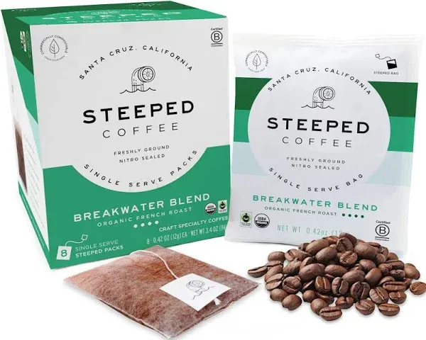 Steeped Coffee Single-Serve Packs - Just + Water - Direct Trade, Hand Roasted & Freshly Ground, Specialty Grade - Nitro Sealed (Organic Breakwater (French Roast), 8 Count (Pack of 1))