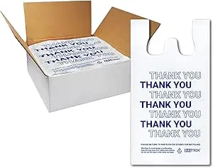 Bagtron Thank You T-Shirt Carry-Out Bags, Disposable Plastic Bags with Handles for Shopping and Restaurant, 1/5 Barrel, 0.75 Mils, White/Blue, 13" x 8" x 23" Large, 500 Count