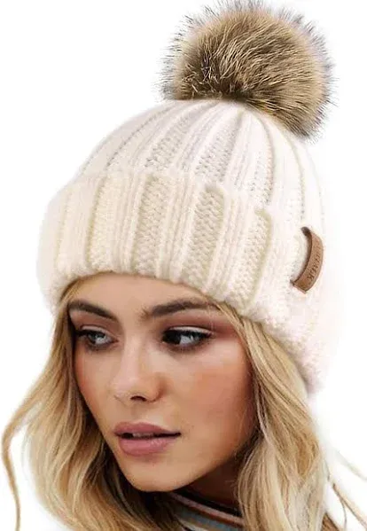 Furtalk Women Winter Knitted Beanie Hat with Faux Fur Pom Warm Knit Skull Cap Beanie for Women