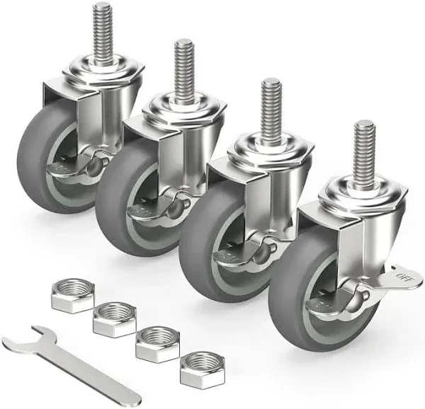 HOLKIE Caster Wheels 3 inch Locking Stem Casters, 1/2" -13 x 1-1/2" (Stem Diameter 1/2", Stem Length 1-1/2") Threaded Stem Casters Swivel Casters Set of 4 Heavy Duty Castors Gray